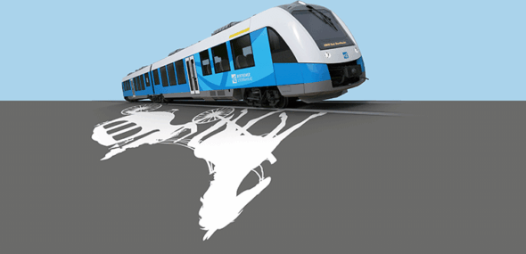 Blauer Regionalzug der Bentheimer Eisenbahn AG mit stilisierten Schattenmotiven von Bus, Bahn und Fahrrad